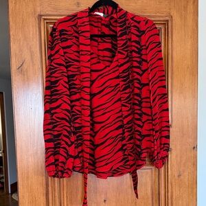 RIXO Red and Black Zebra Print Silk Blouse